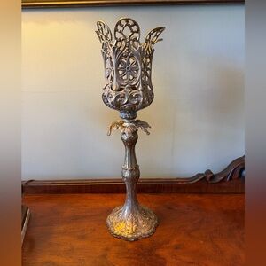 Ornate vintage brass silver candle holder with pedestal base